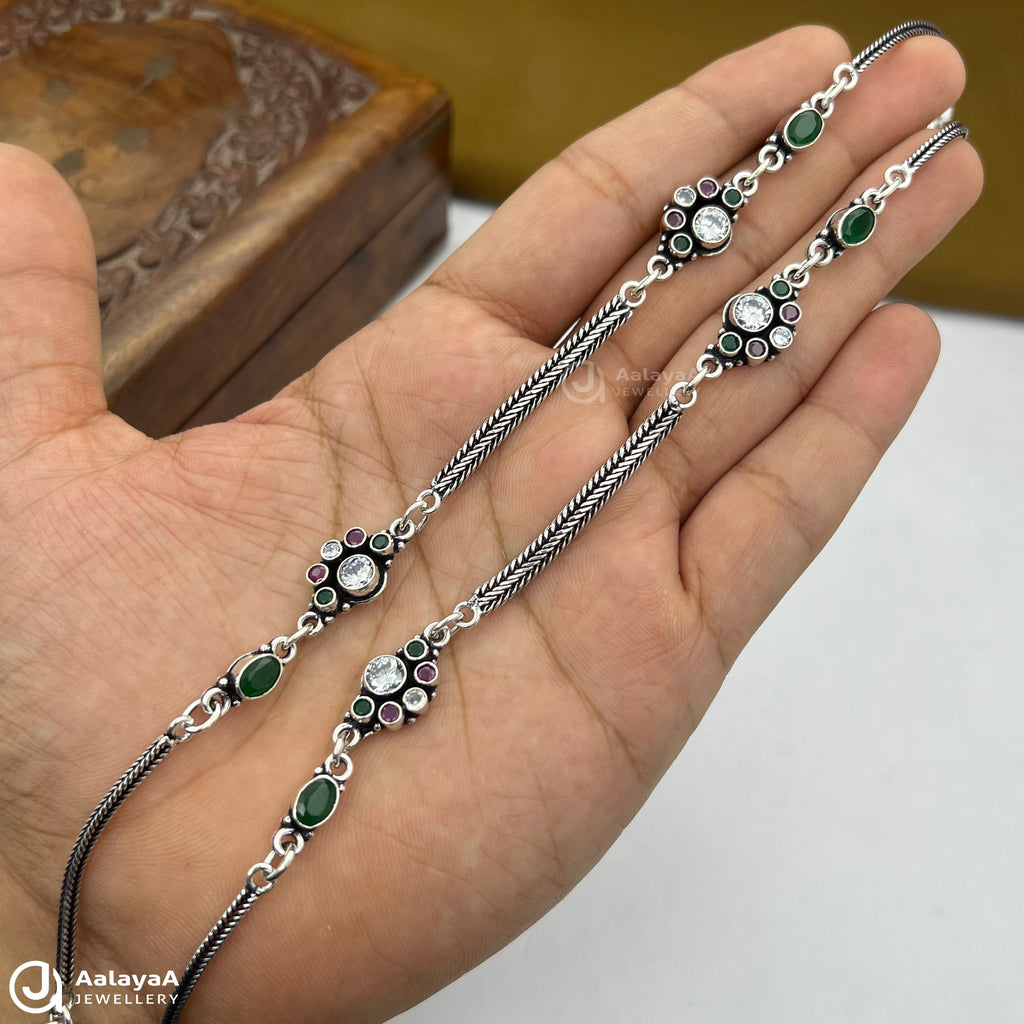 Silver Antique Royal Navratna Anklet in 925 Silver
