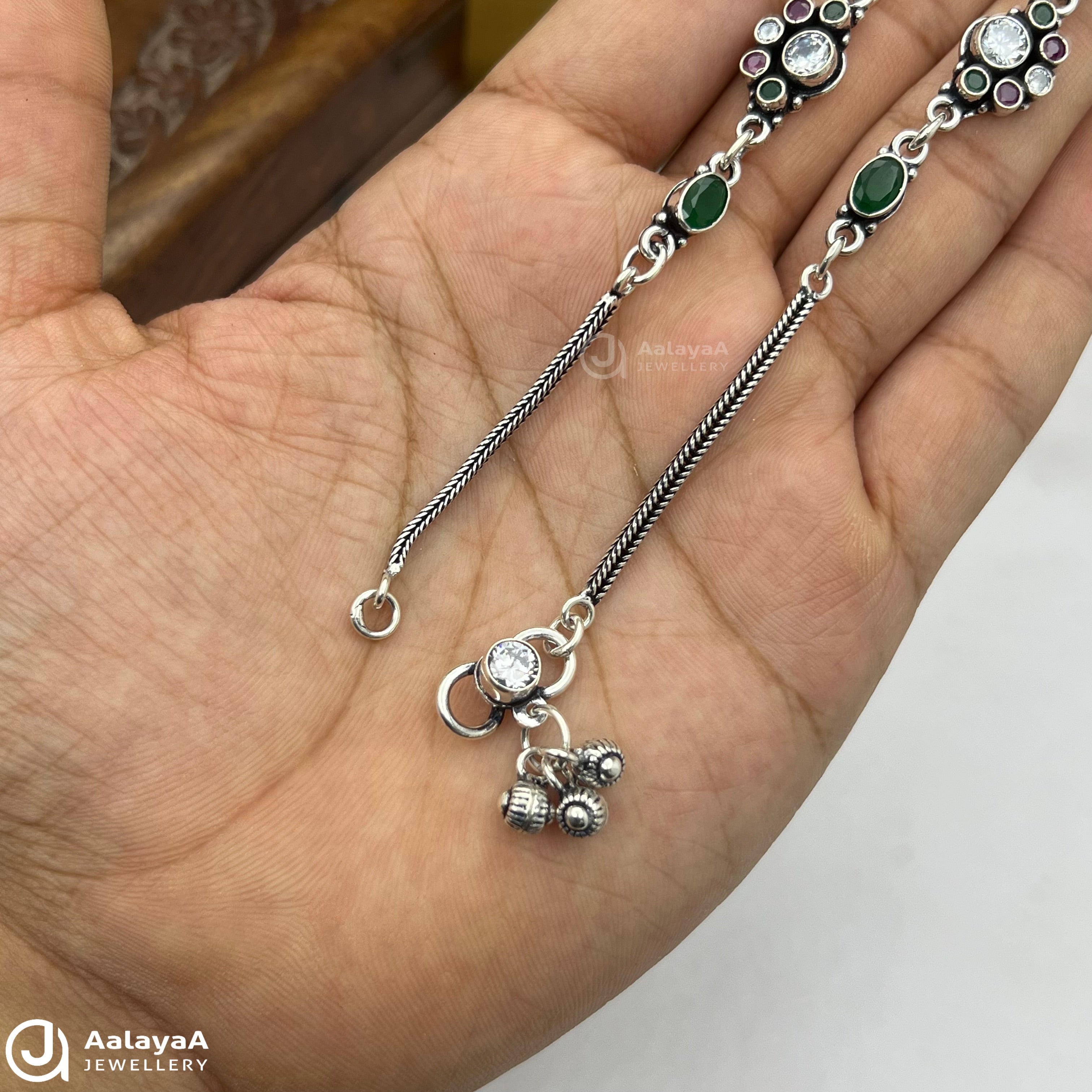 Silver Antique Royal Navratna Anklet in 925 Silver