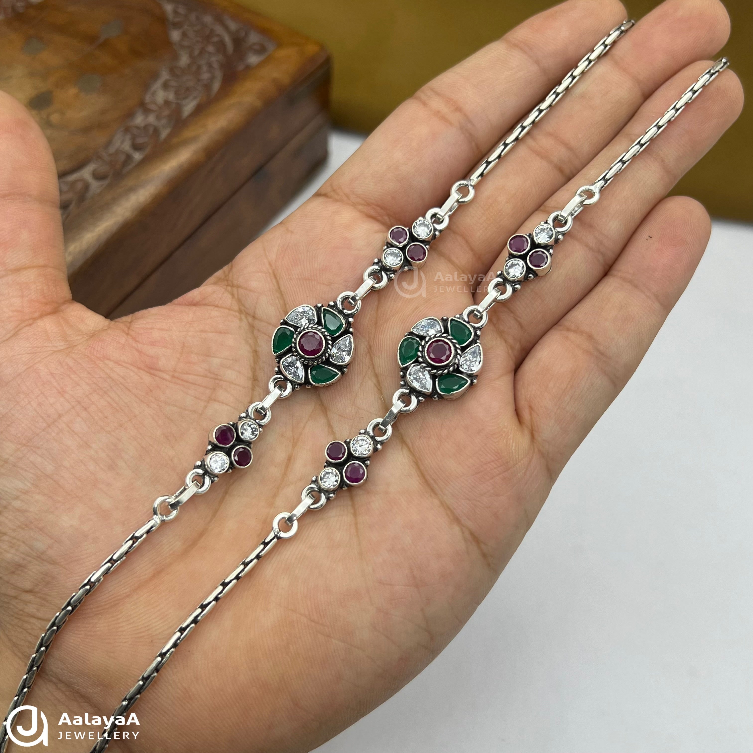 Silver Antique Royal Navratna Flower Anklet