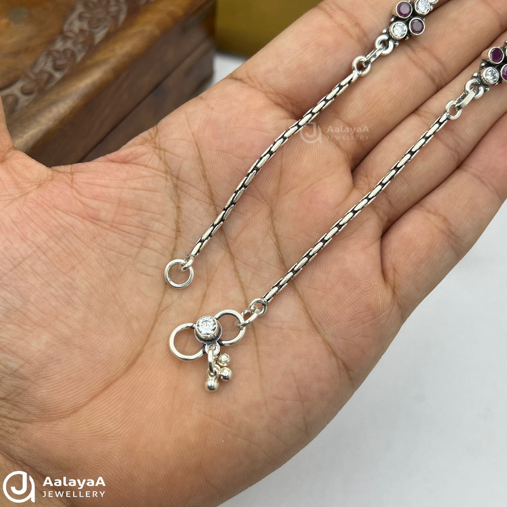 Silver Antique Royal Navratna Flower Anklet