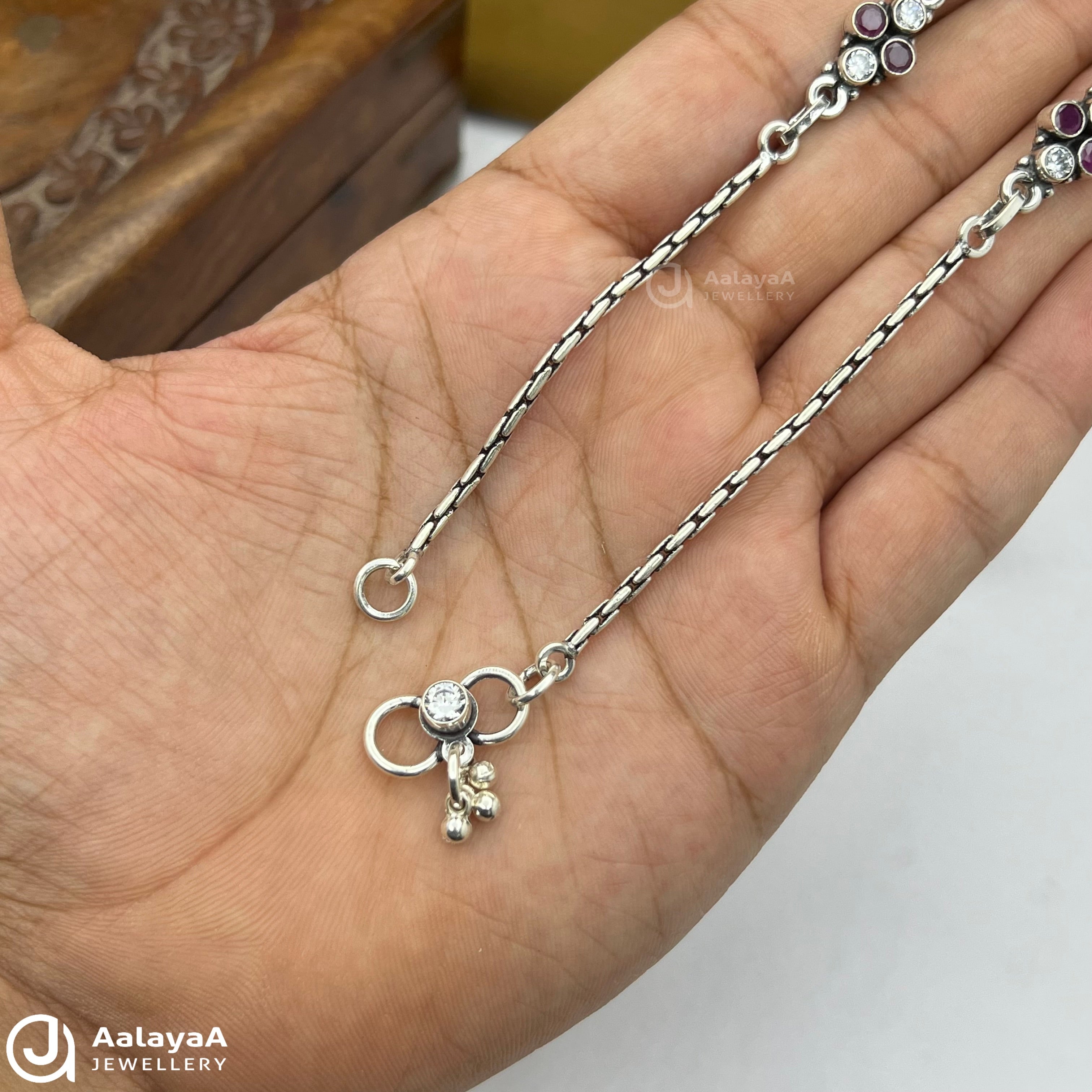 Silver Antique Royal Navratna Flower Anklet