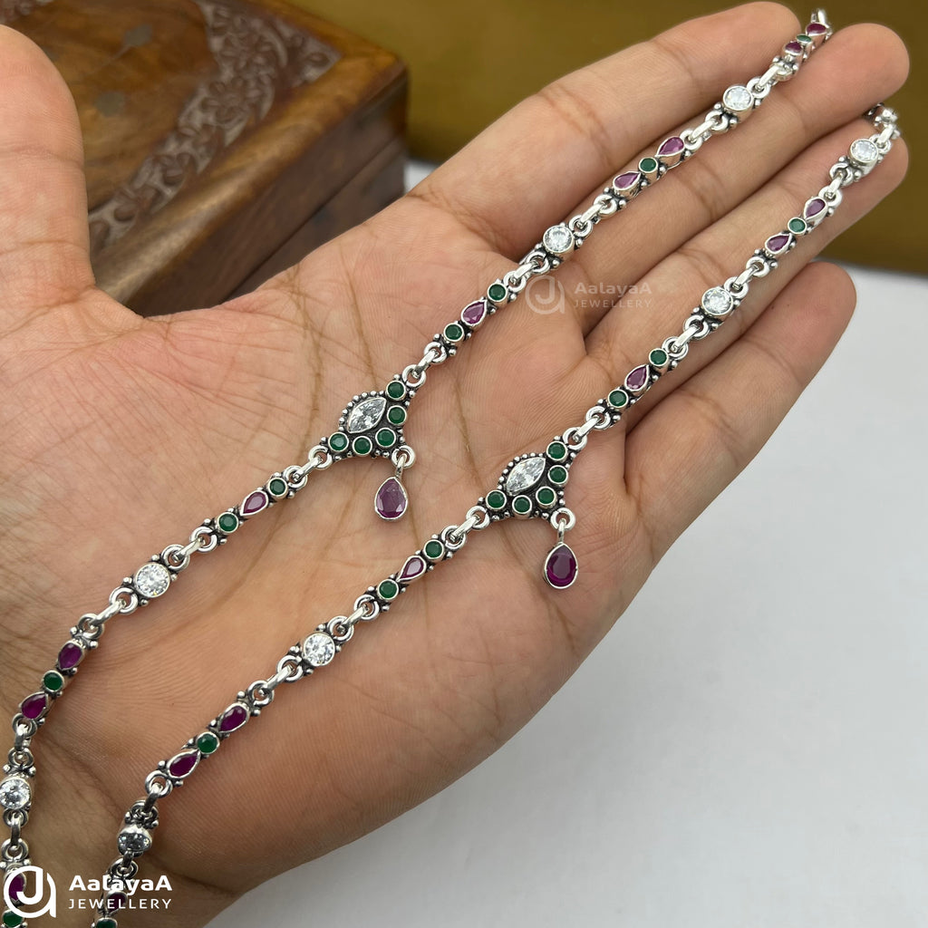 Silver Antique Vrinda Navratna drop Anklet