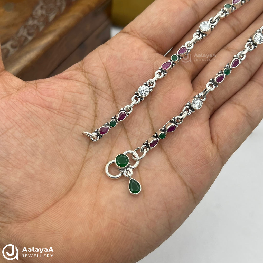 Silver Antique Vrinda Navratna drop Anklet