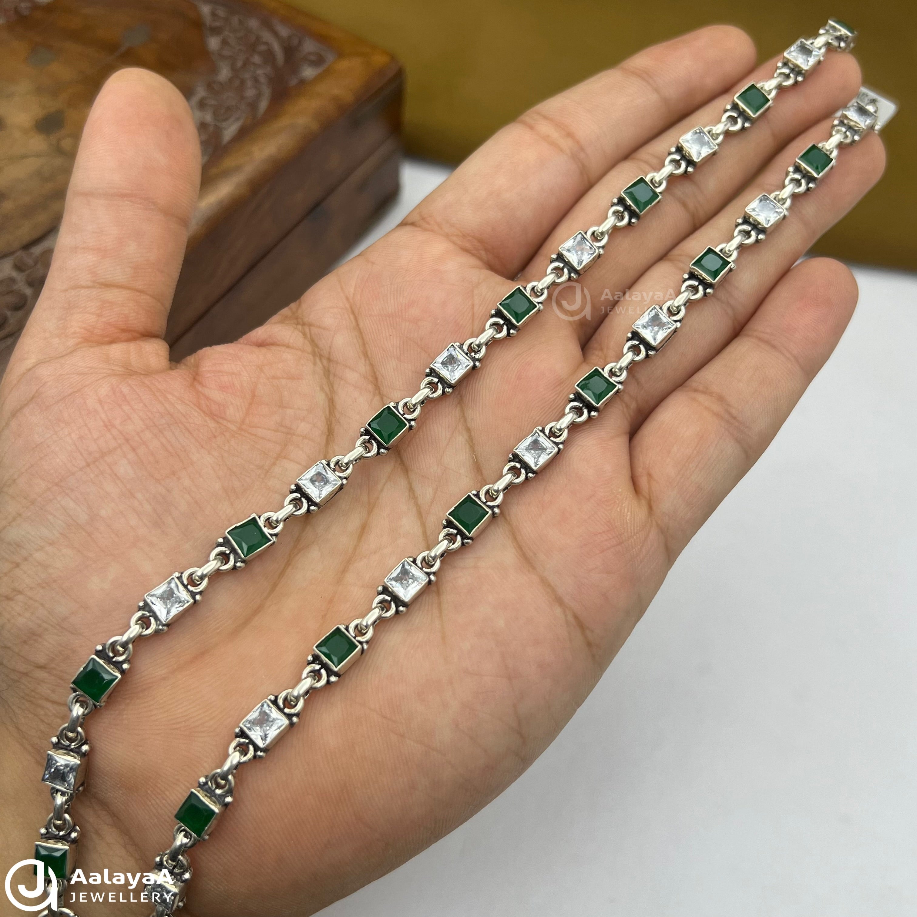 Silver Antique Ziva Green Stone Anklet