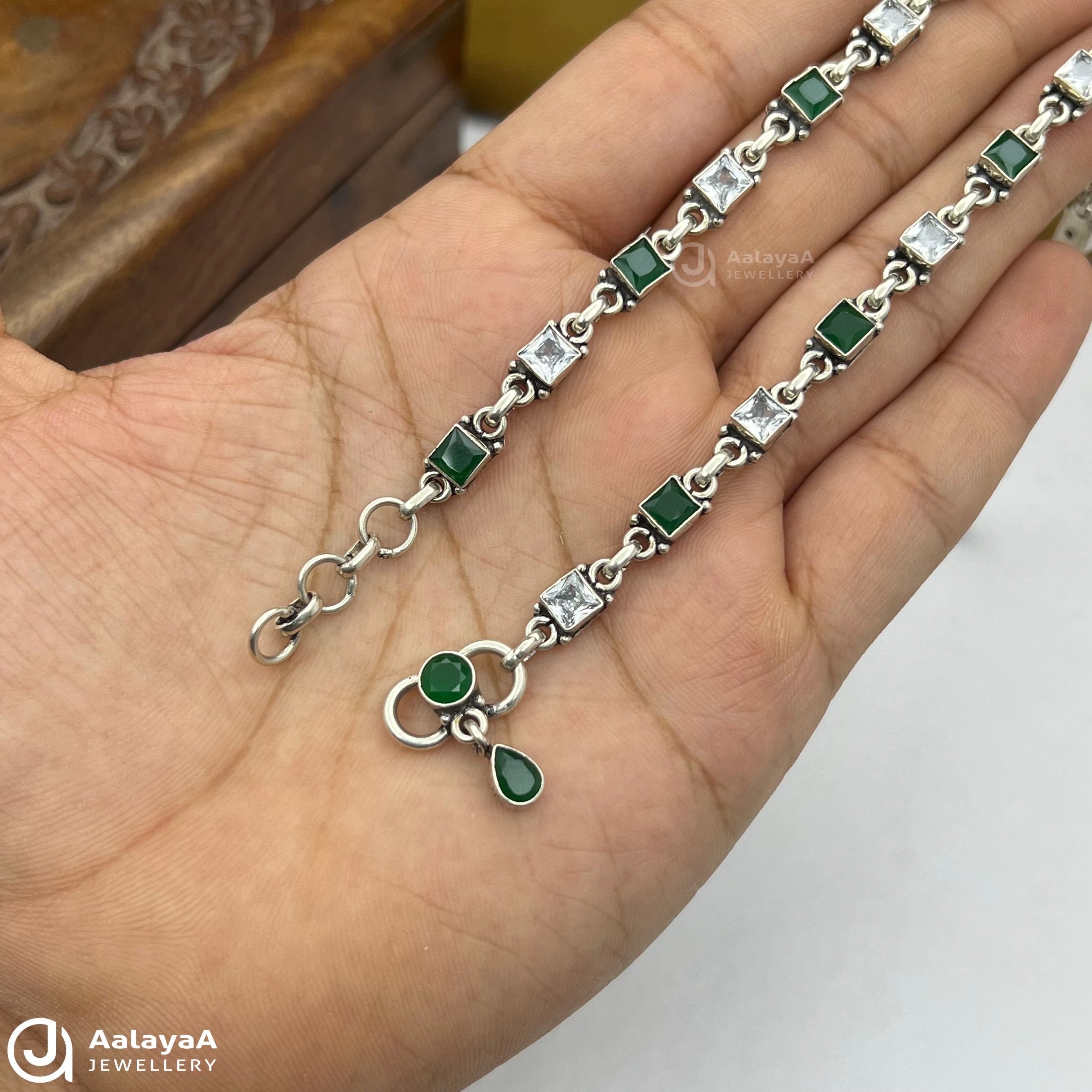 Silver Antique Ziva Green Stone Anklet