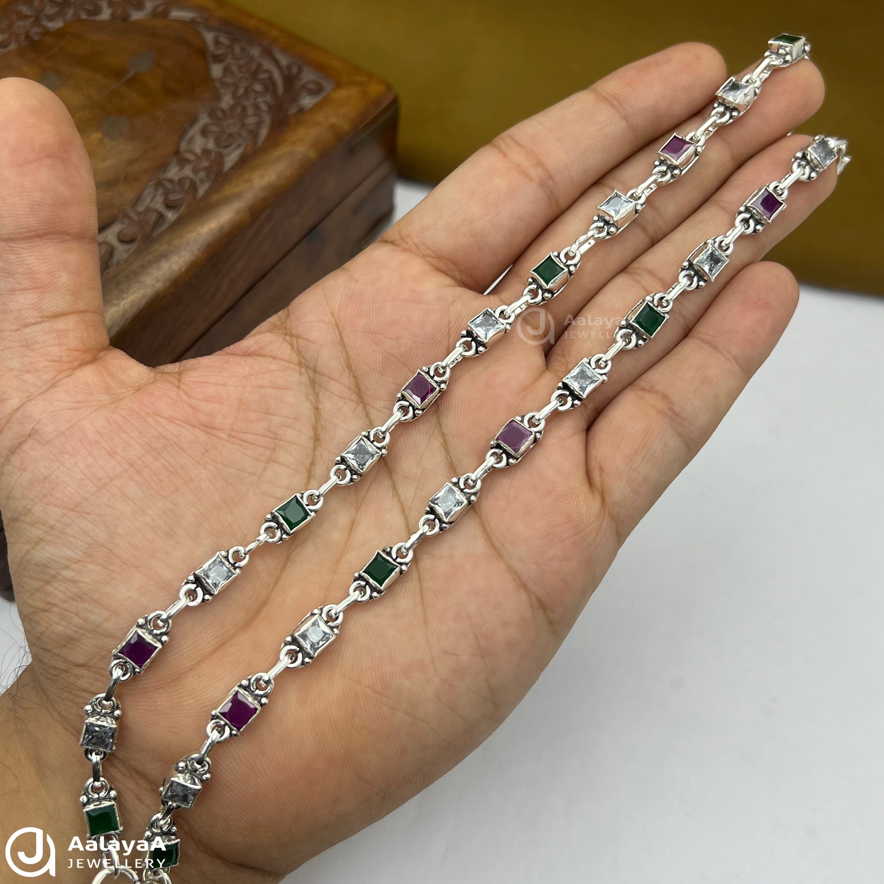 Silver Antique Navratna Square-Cut Anklet