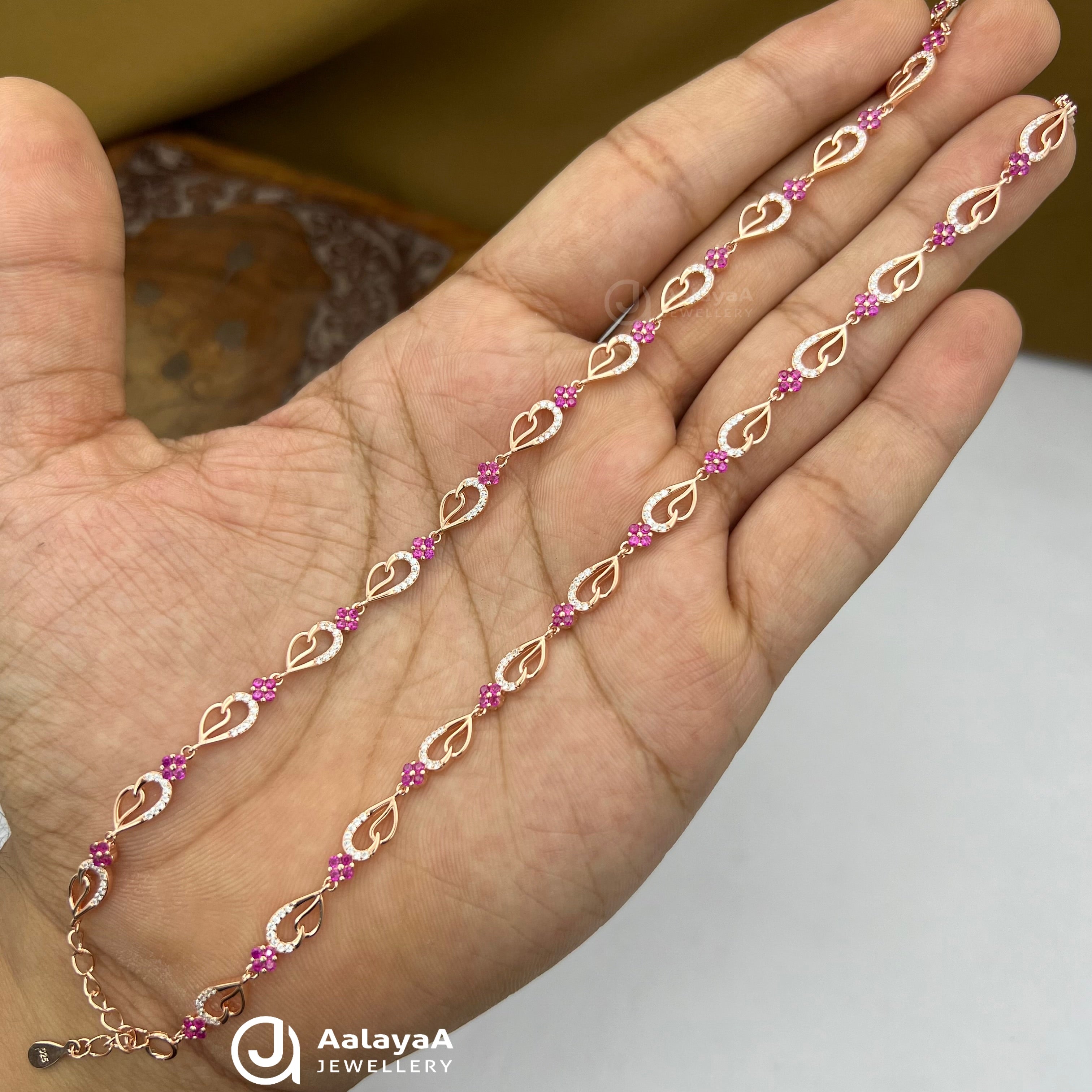Silver Rose Gold Pink Petal Heart Anklet