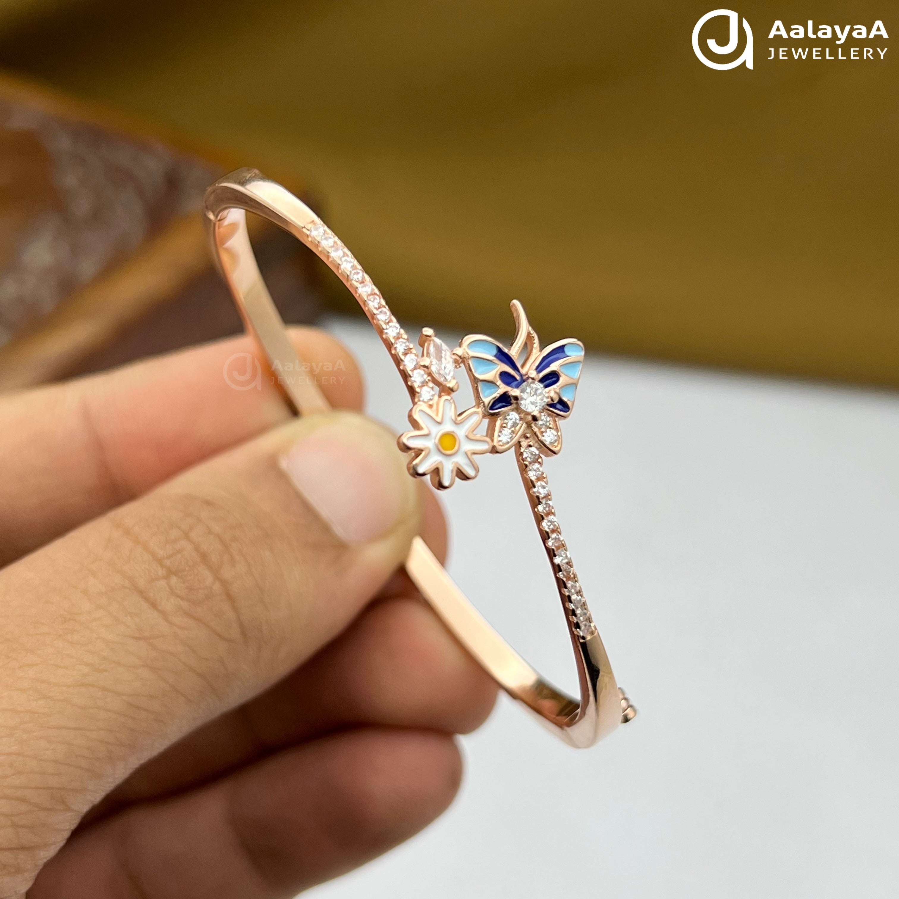 Silver Rose Gold Blossom Wings Kada