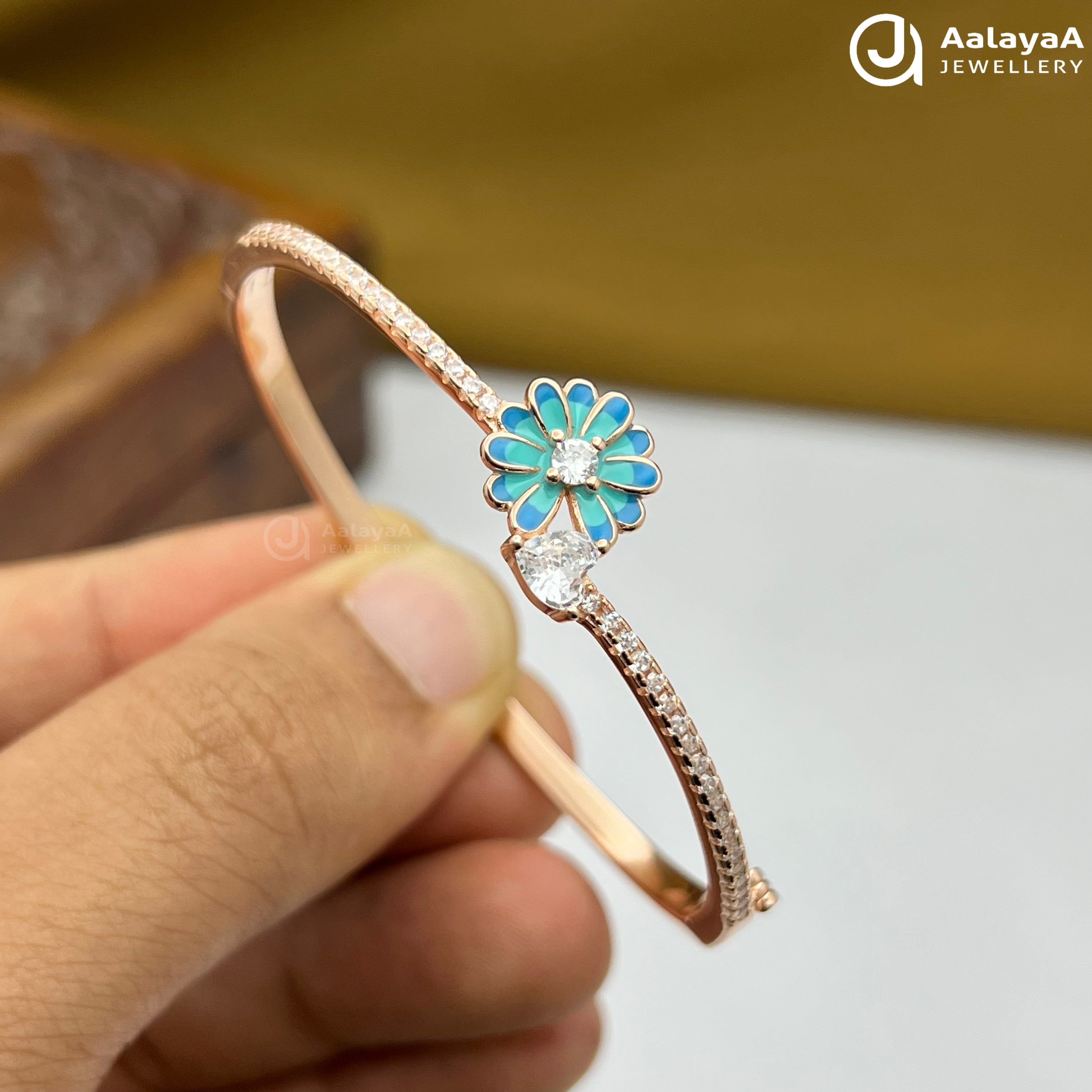 Silver Rose Gold Blue Aura Flower Kada