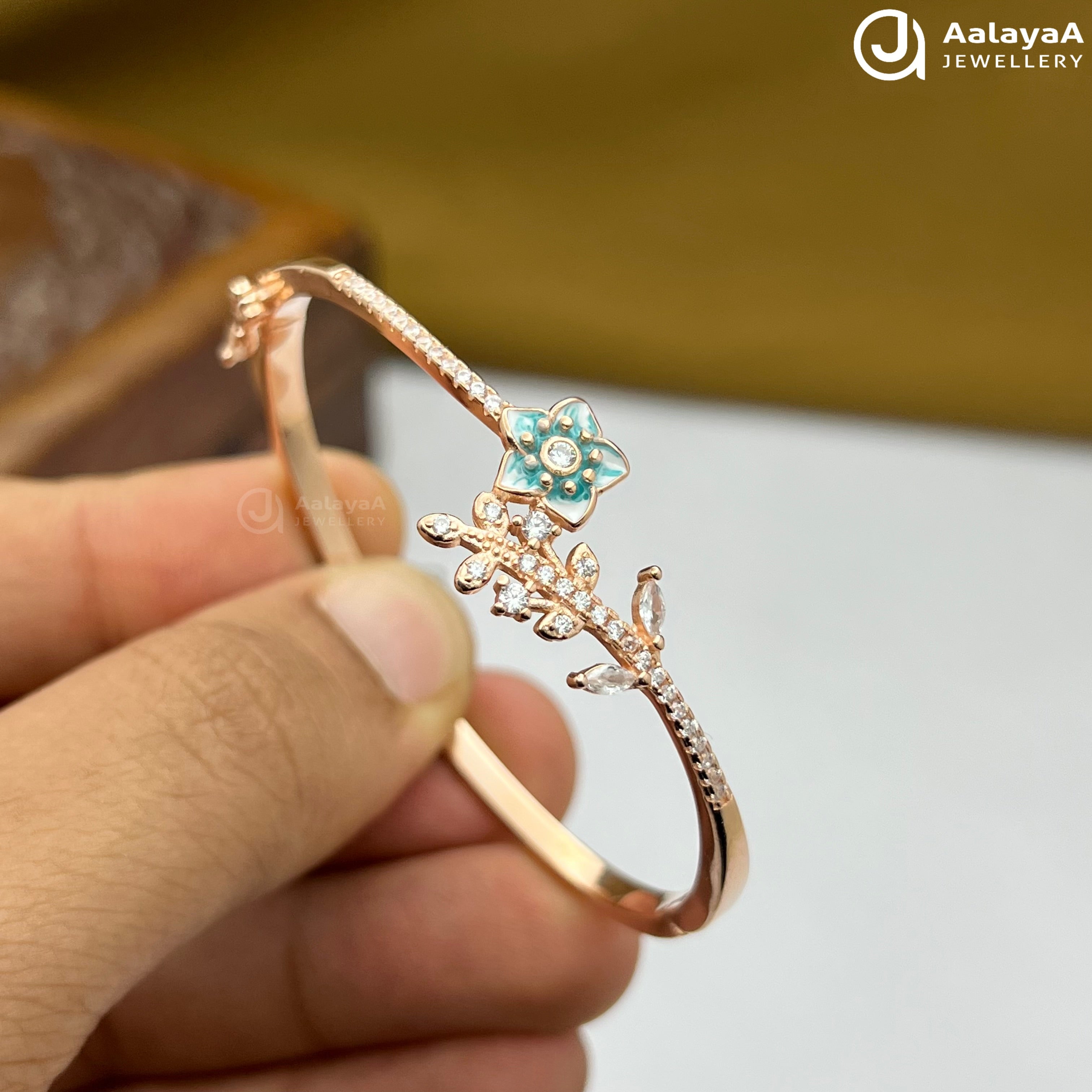 Silver Rose Gold Dewdrop Flower Kada