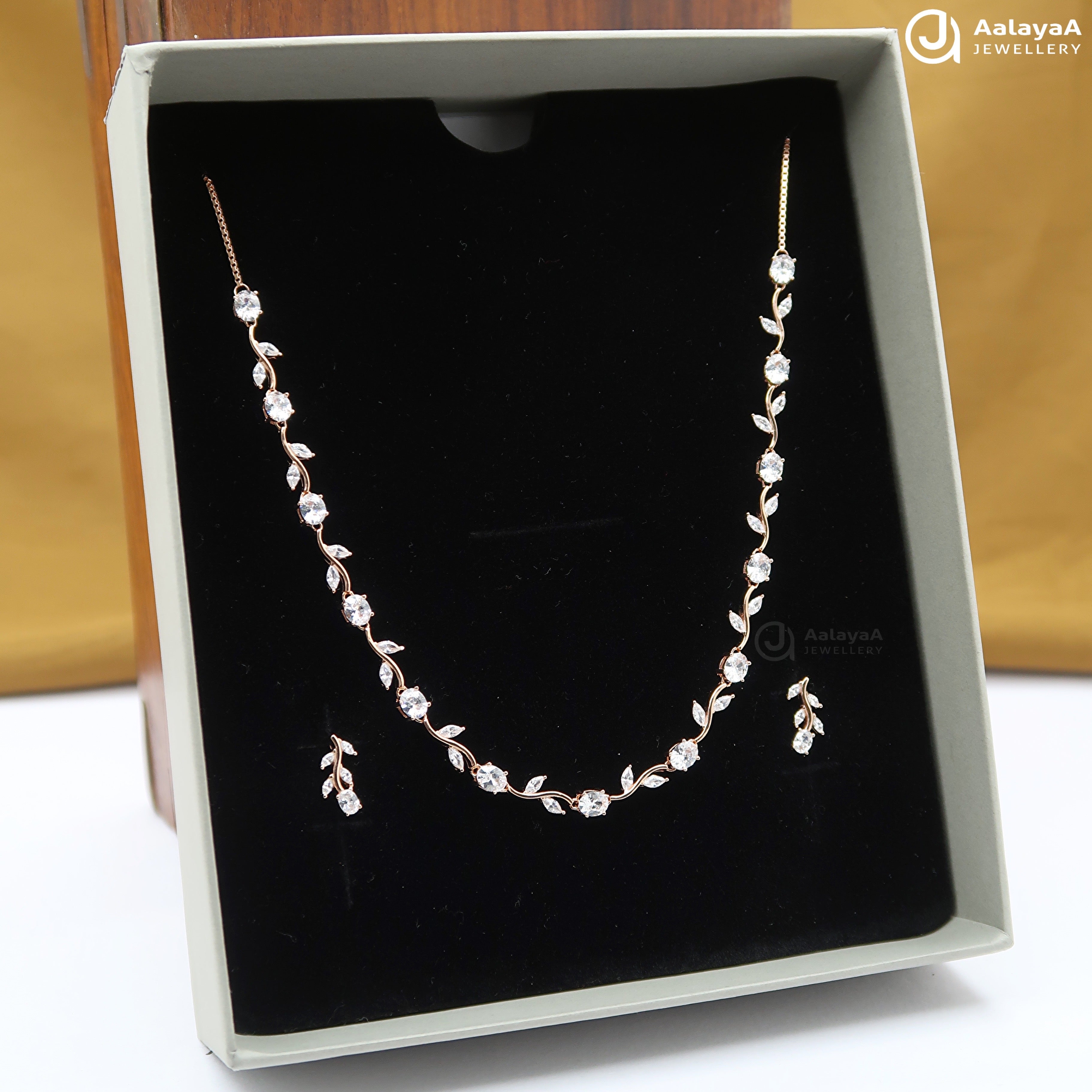 Silver Rose Gold Blossom Vine Necklace Set