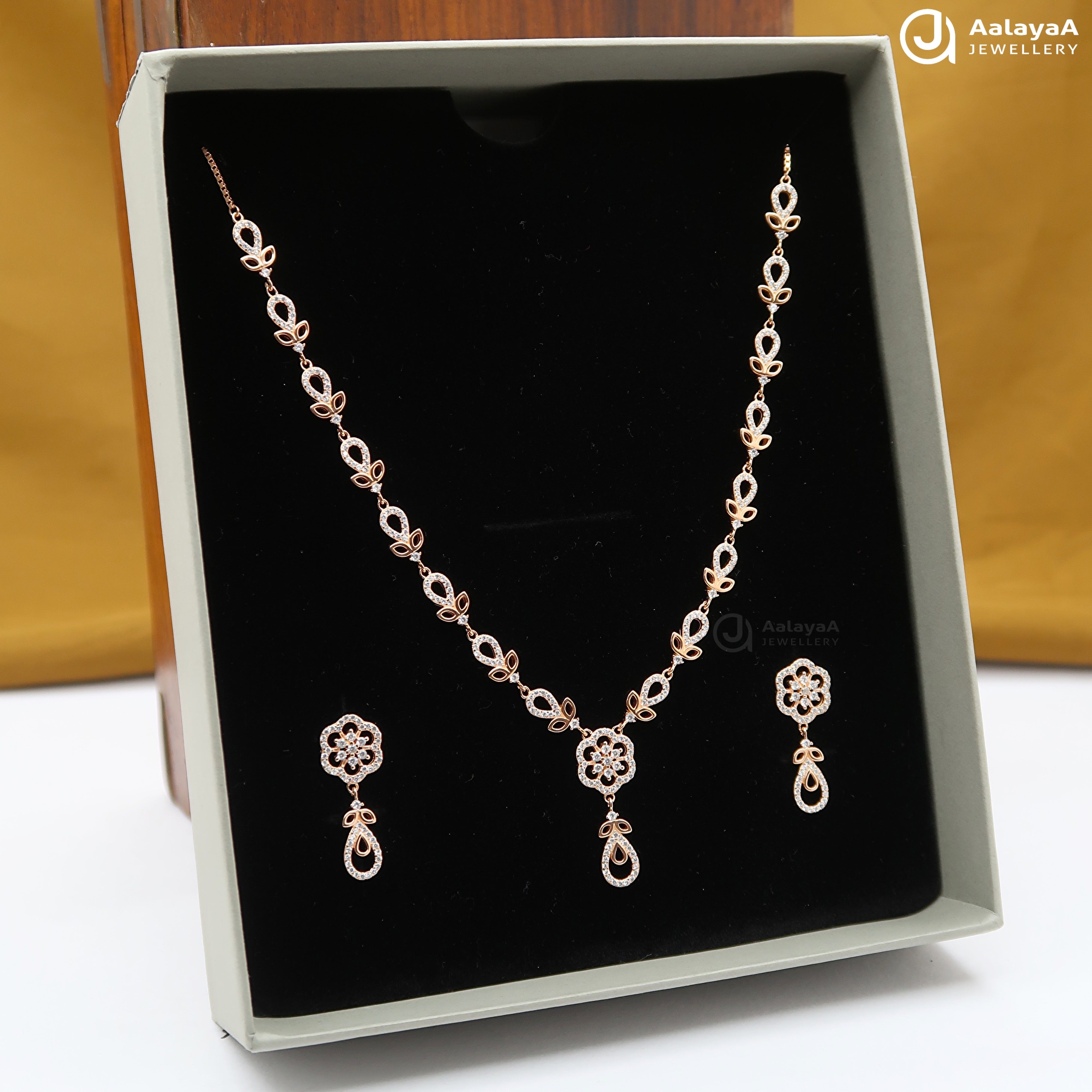 Silver Rose Gold Teardrop Floral Necklace Set