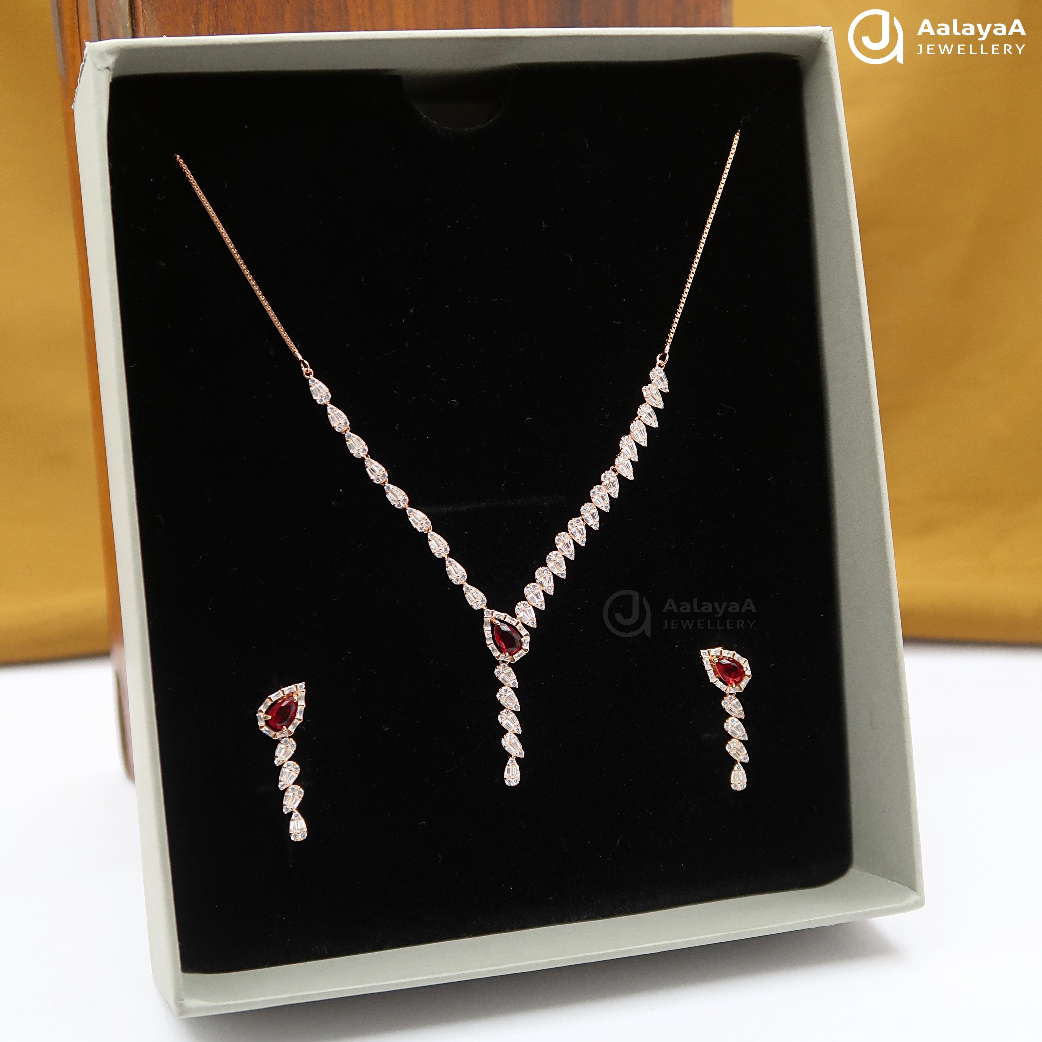 Silver RoseGold Ruby Royale Necklace Set