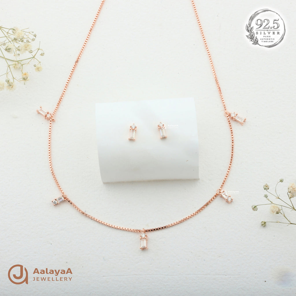 Silver Rosegold Celeste Baguette Drop Necklace Set