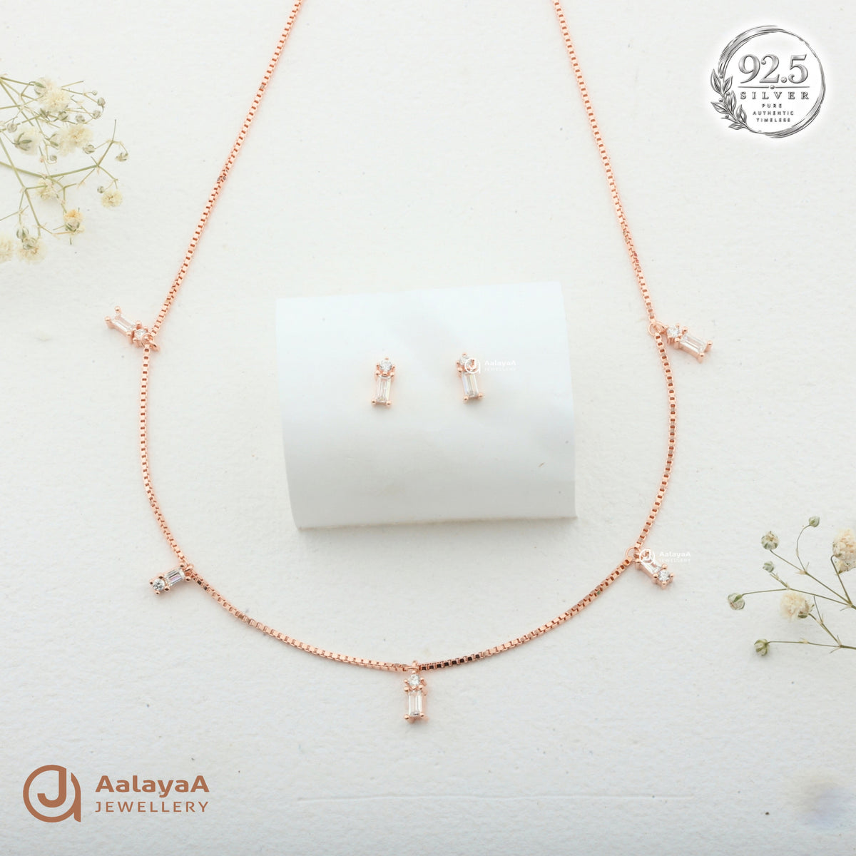 Silver Rosegold Celeste Baguette Drop Necklace Set