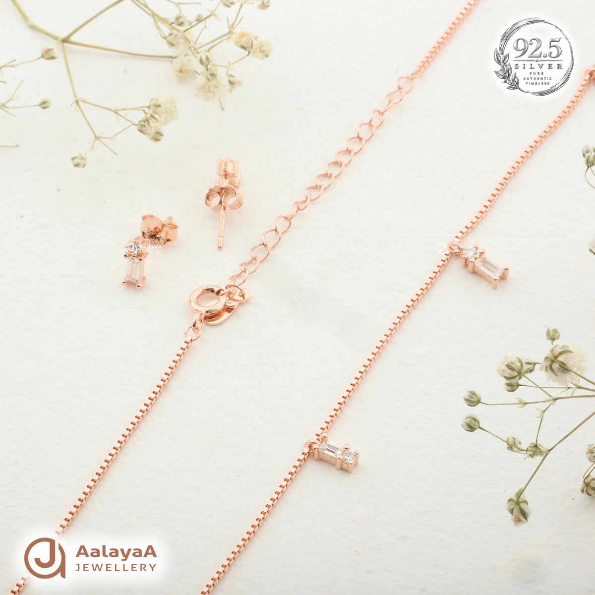 Silver Rosegold Celeste Baguette Drop Necklace Set