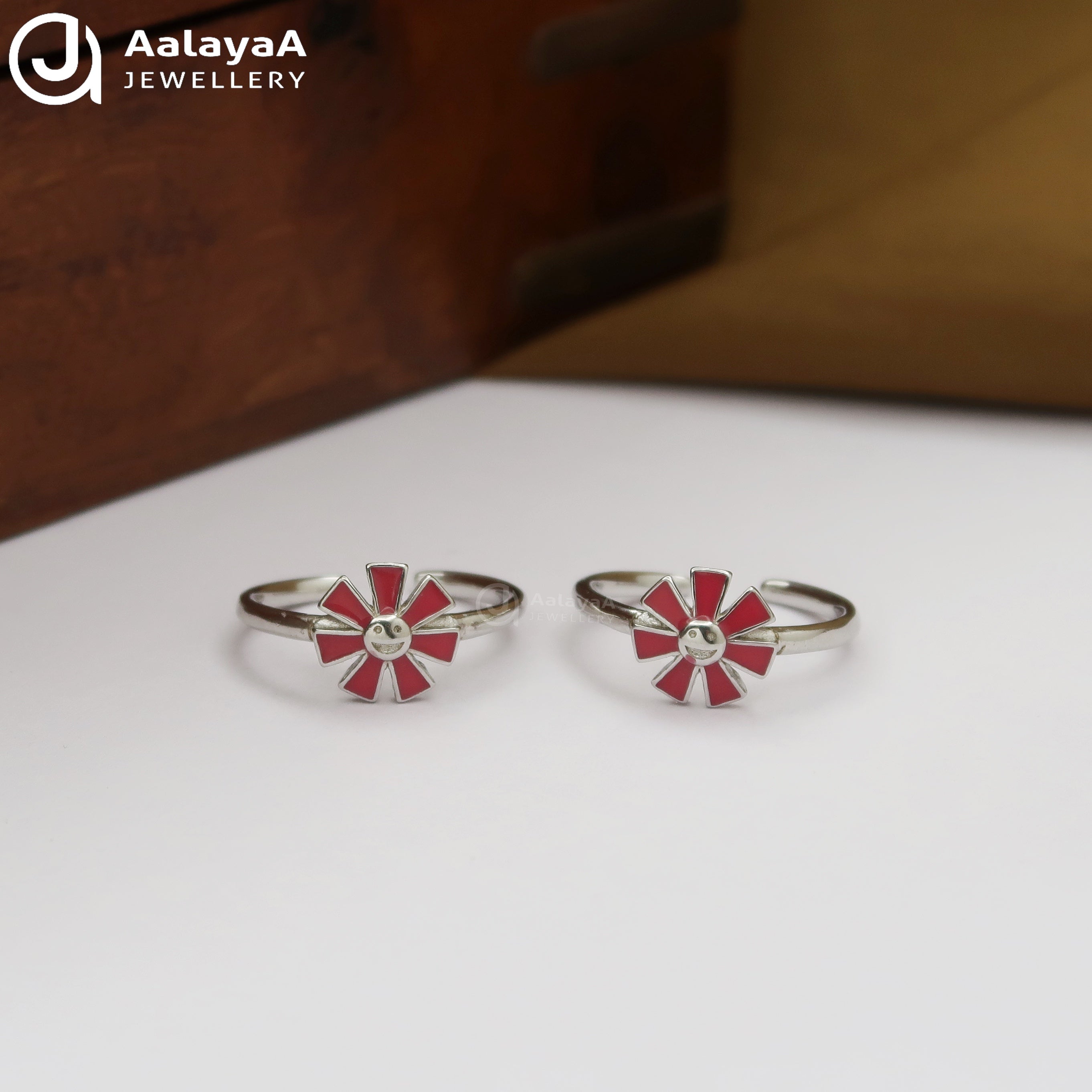 Silver Enamel Ruby Bloom Toe Ring