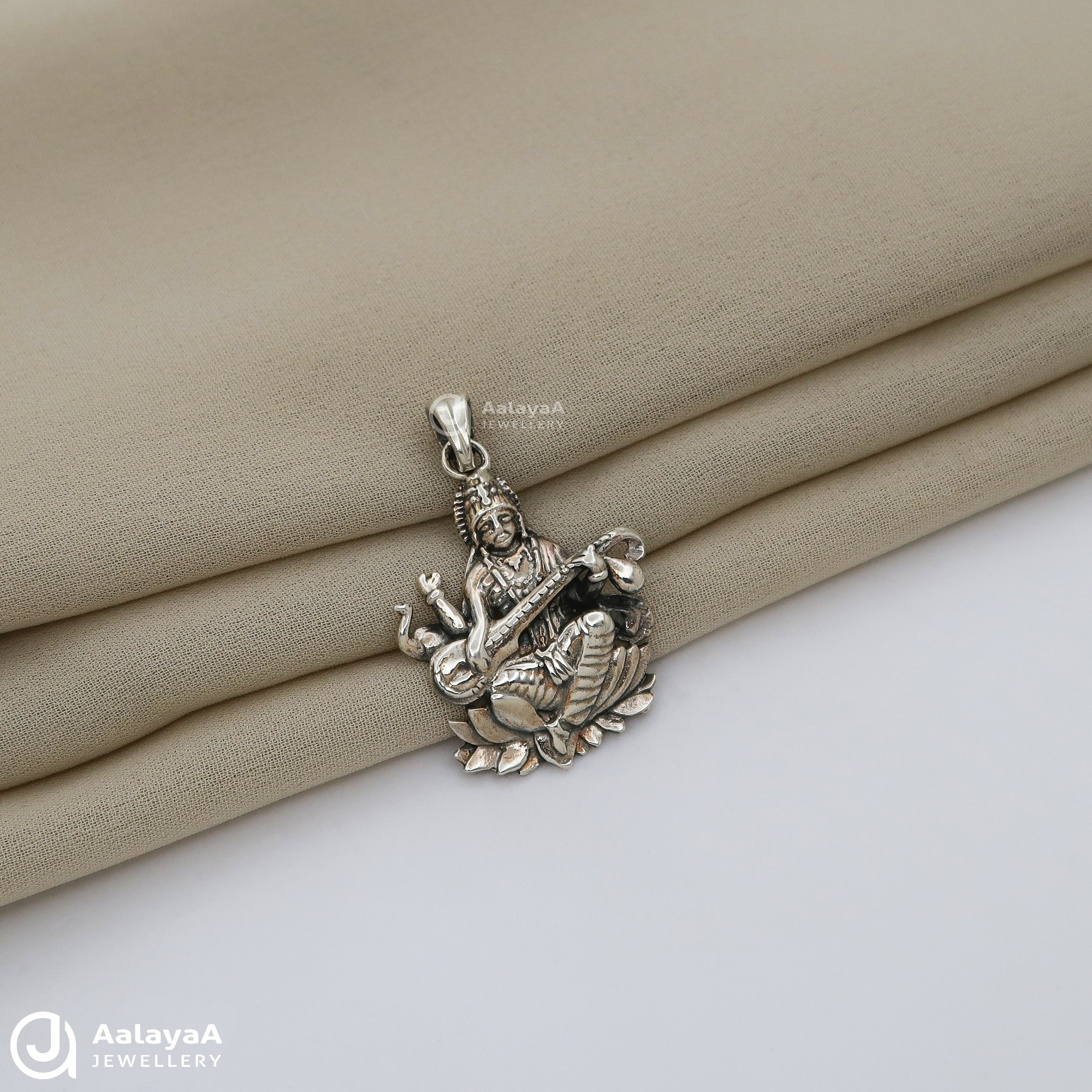 Oxidised Silver Saraswati Pendant