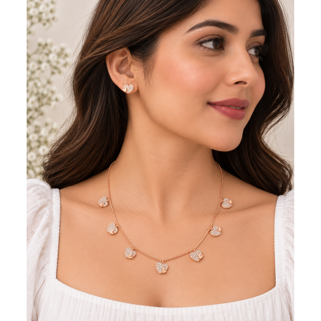 Silver RoseGold Amora Heart Necklace Set