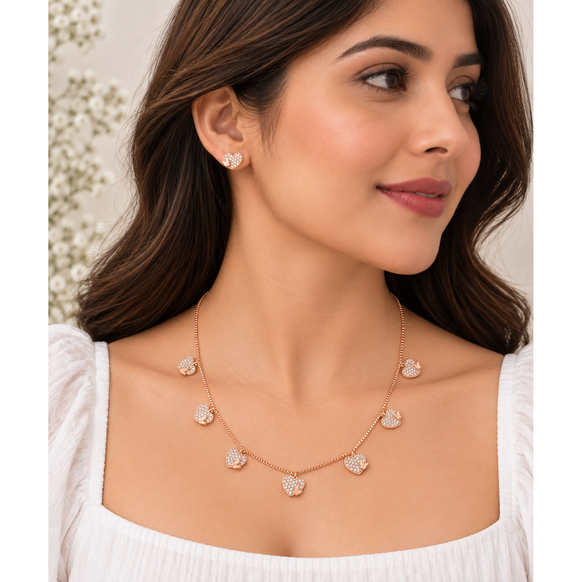 Silver RoseGold Amora Heart Necklace Set